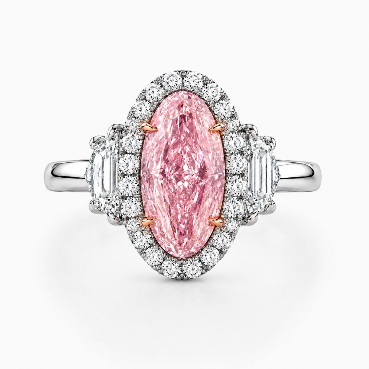 Rhea Trilogy (Epaulette-cut Side Diamonds) Halo Fancy Pink Oval (Moval) Lab Diamond Ring in White Gold 18K
