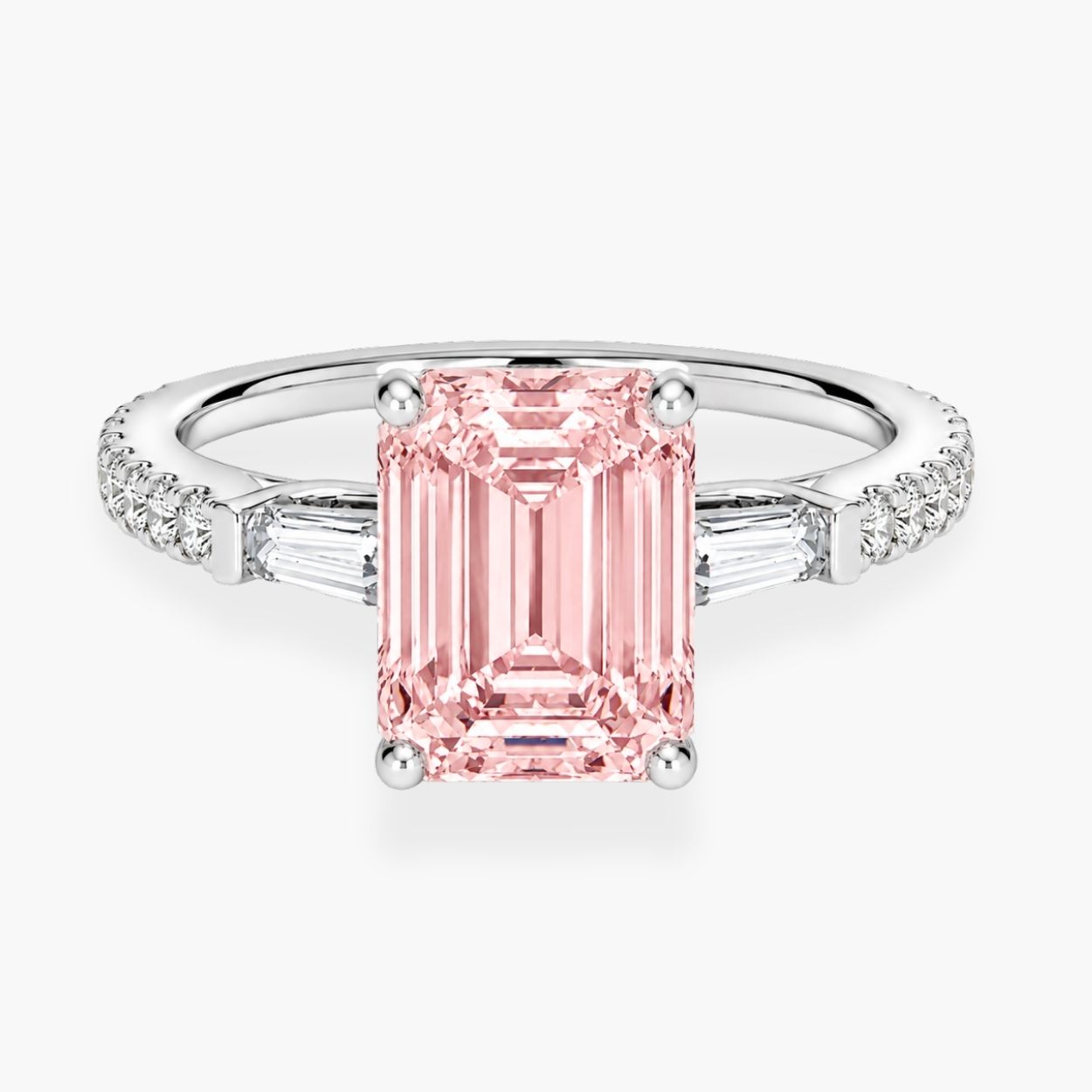 Phoebe Trilogy Fancy Pink Emerald (Baguette Side Diamonds) Lab Diamond Ring in White Gold 18K