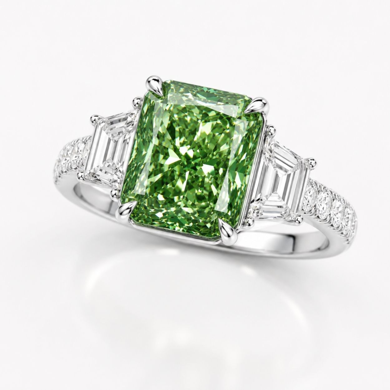 Lorina Trilogy (Trapezoid Side Diamonds) Fancy Green Radiant Lab Grown Diamond Engagement Ring in White Gold 18K