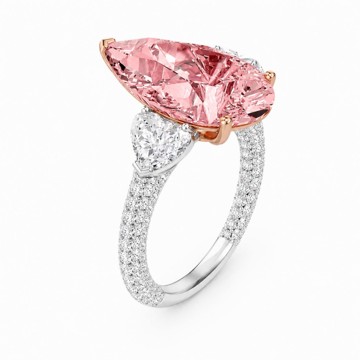 Agness Trilogy Fancy Pink Pear (Heart Side Diamonds) Lab Diamond Ring on a 3-sided Pave in White Gold 18K