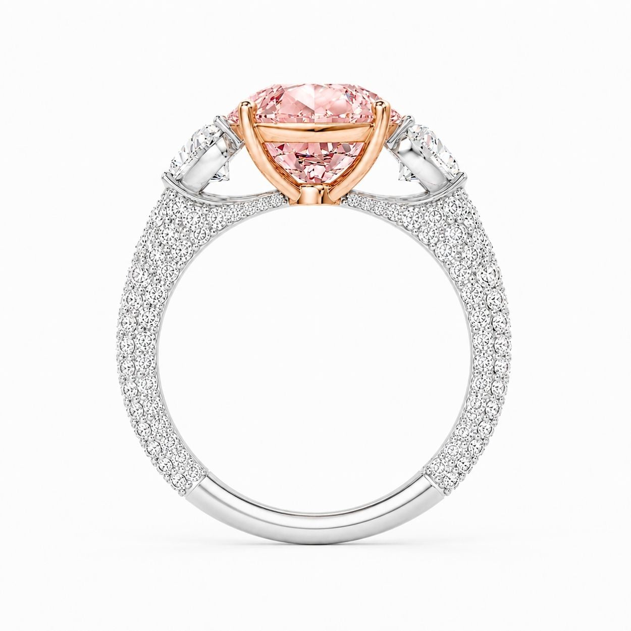 Agness Trilogy Fancy Pink Pear (Heart Side Diamonds) Lab Diamond Ring on a 3-sided Pave in White Gold 18K