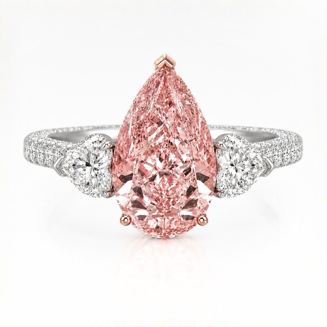 Agness Trilogy Fancy Pink Pear (Heart Side Diamonds) Lab Diamond Ring on a 3-sided Pave in White Gold 18K