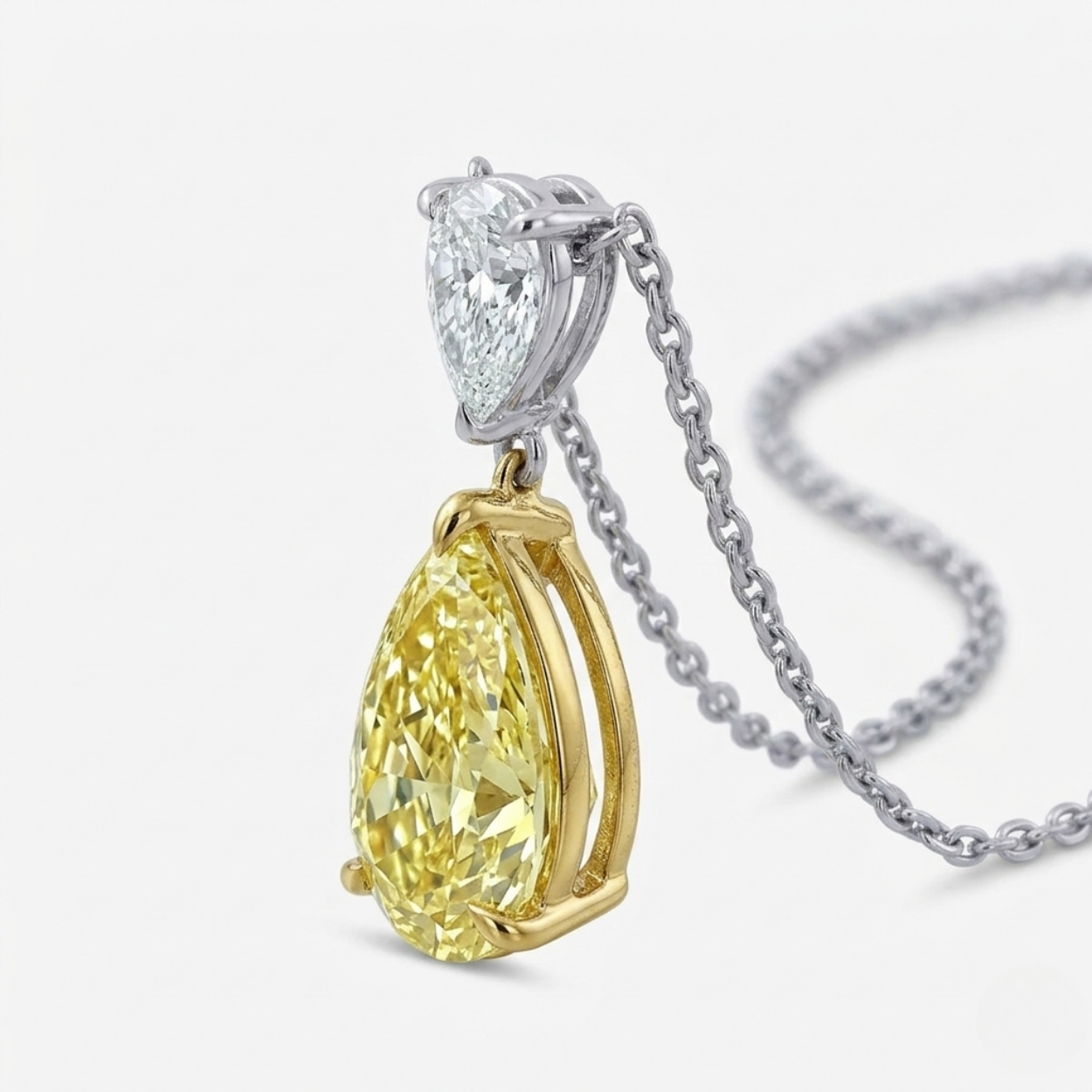 Yellow & White Pear Drop Pendant Lab Diamond Necklace 18K Gold