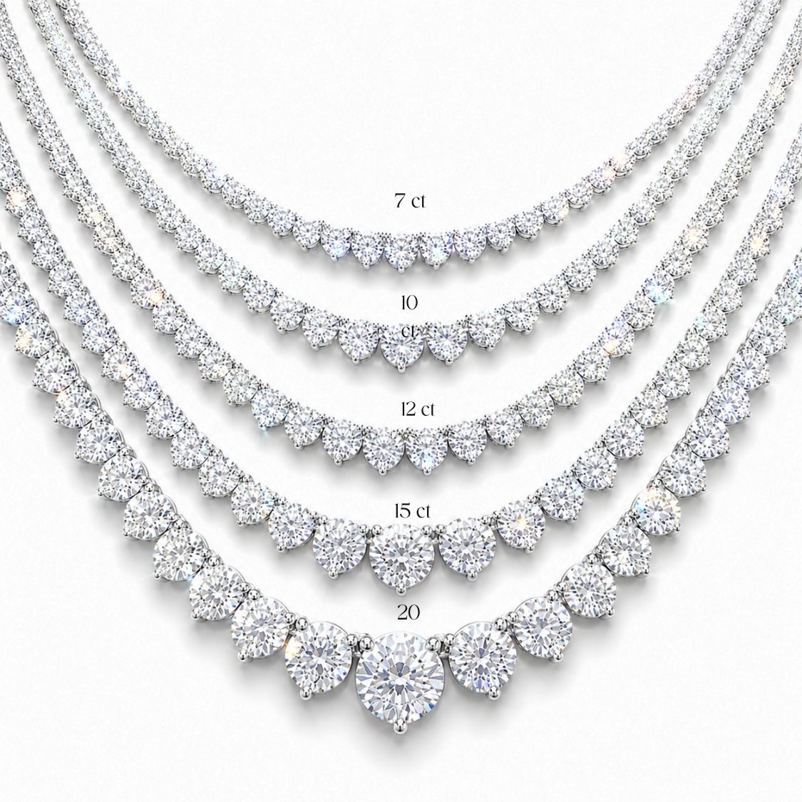 Tennis Graduated Riviera Lab Grown Diamond Necklace 18K Gold | 3 Prongs | 16.5 in ∼ 42.5 cm | From 7 to 14 ct