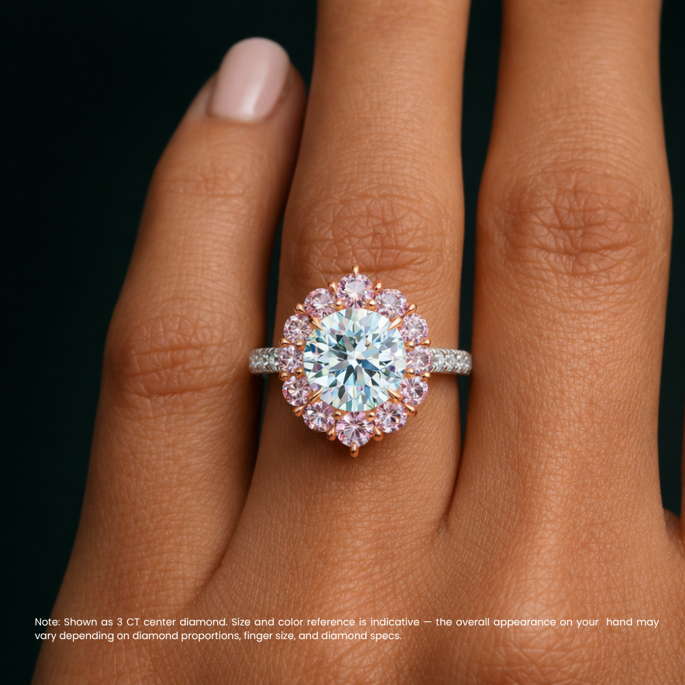 Fancy Pink Vintage Halo Round Lab Diamond Ring in White and Rose Gold 18K
