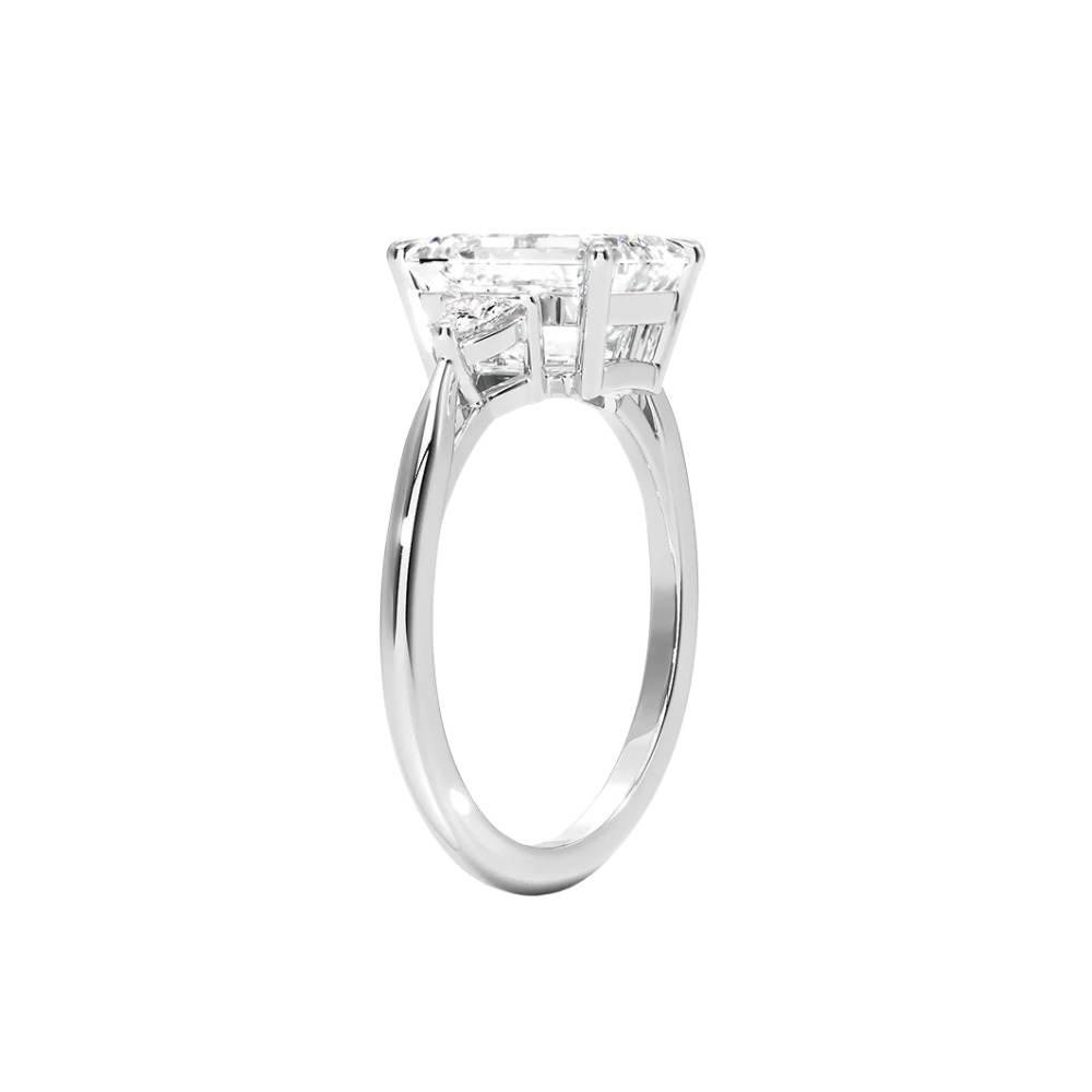 Trilogy (Trilliant Side Stones) Lab Diamond Engagement Ring in 18K Gold - Radiant Emerald