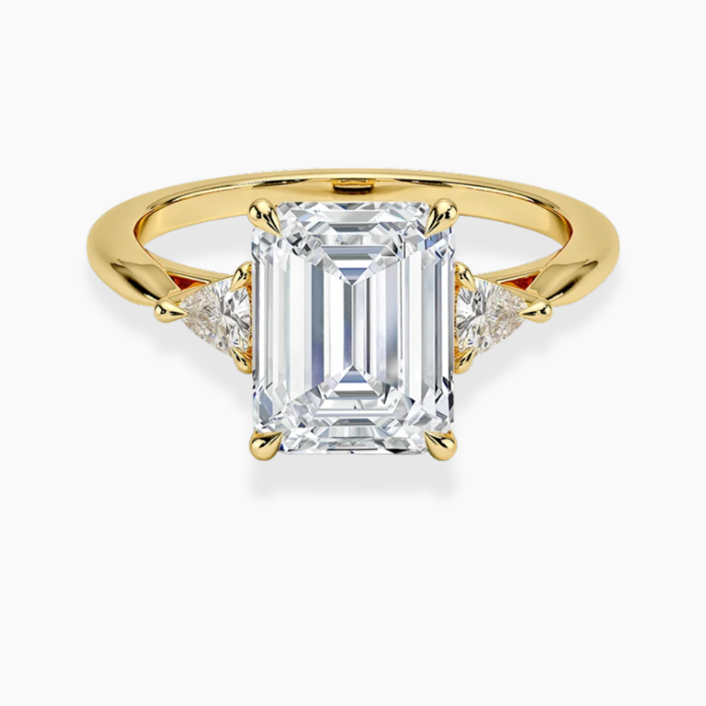 Trilogy (Trilliant Side Stones) Lab Diamond Engagement Ring in 18K Gold - Radiant Emerald