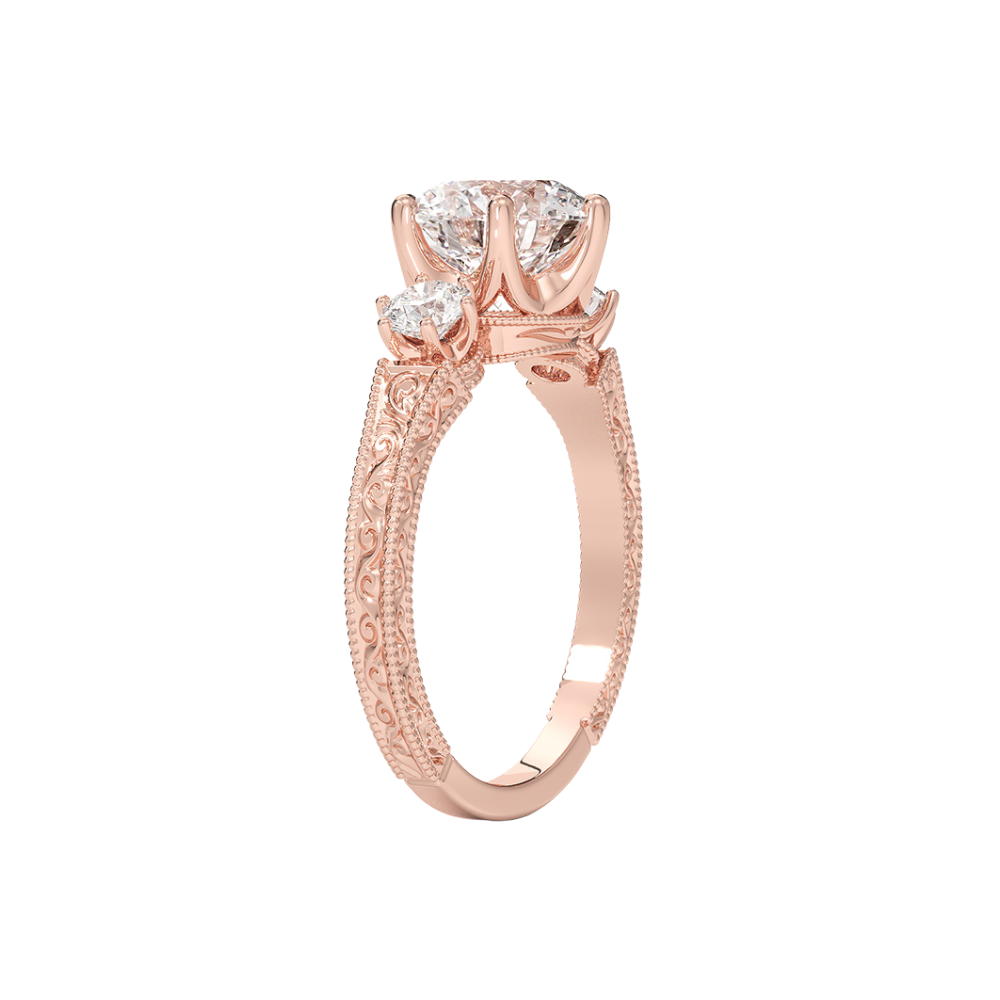Trilogy (Round Side Stones) Vintage Lab Diamond Engagement Ring in 18K Gold - Round