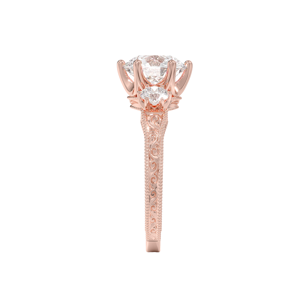 Trilogy (Round Side Stones) Vintage Lab Diamond Engagement Ring in 18K Gold - Round