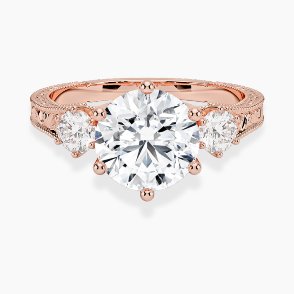Trilogy (Round Side Stones) Vintage Lab Diamond Engagement Ring in 18K Gold - Round