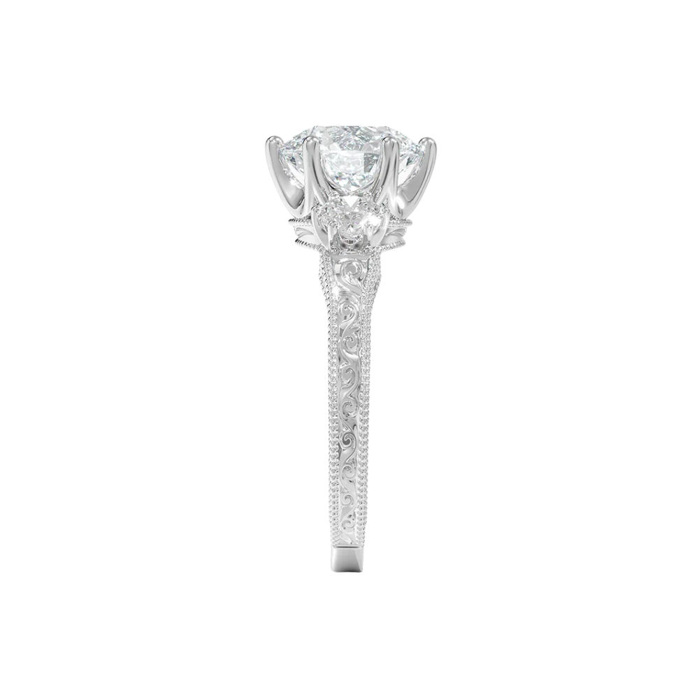 Trilogy (Round Side Stones) Vintage Lab Diamond Engagement Ring in 18K Gold - Round