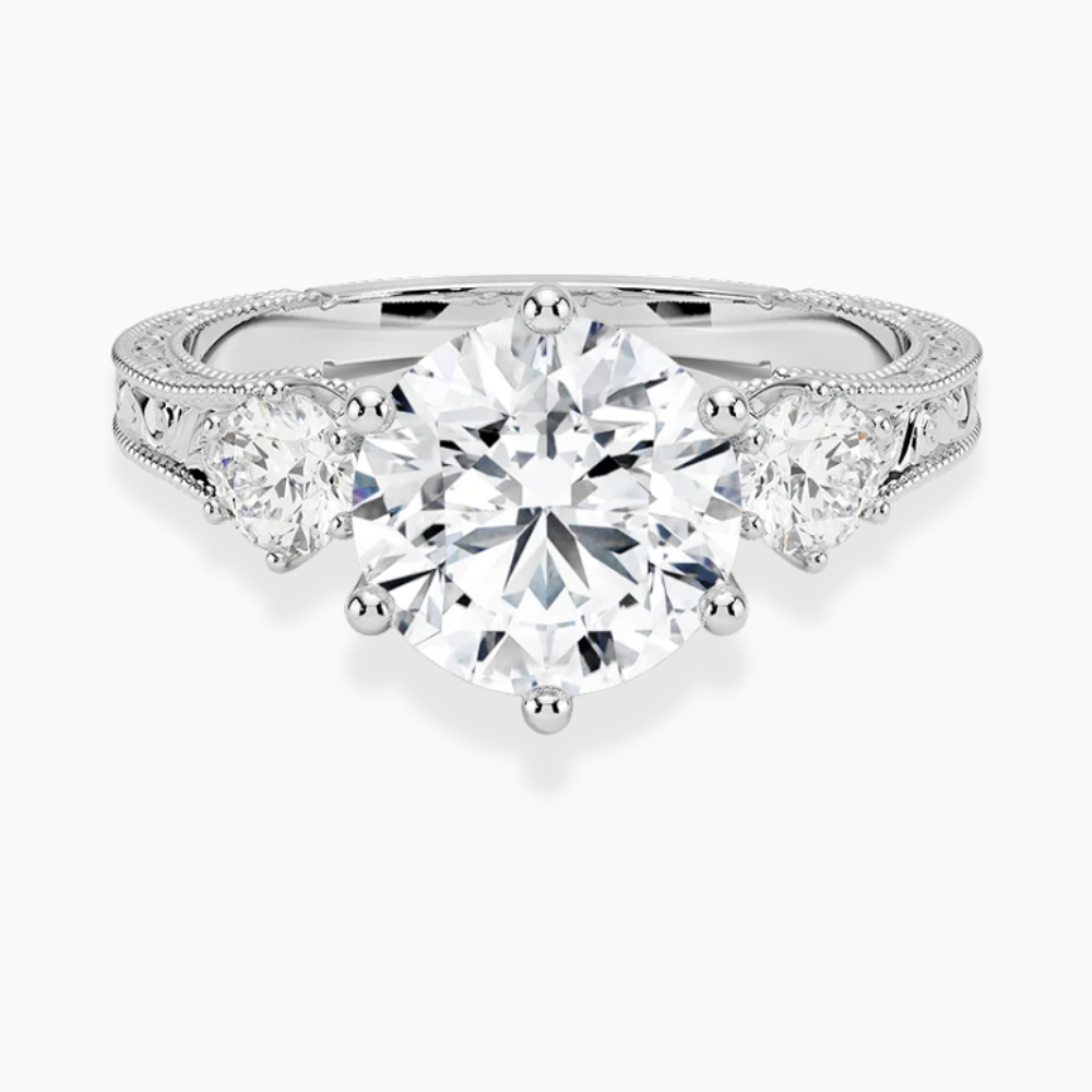 Trilogy (Round Side Stones) Vintage Lab Diamond Engagement Ring in 18K Gold - Round