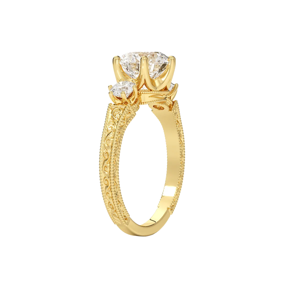 Trilogy (Round Side Stones) Vintage Lab Diamond Engagement Ring in 18K Gold - Round