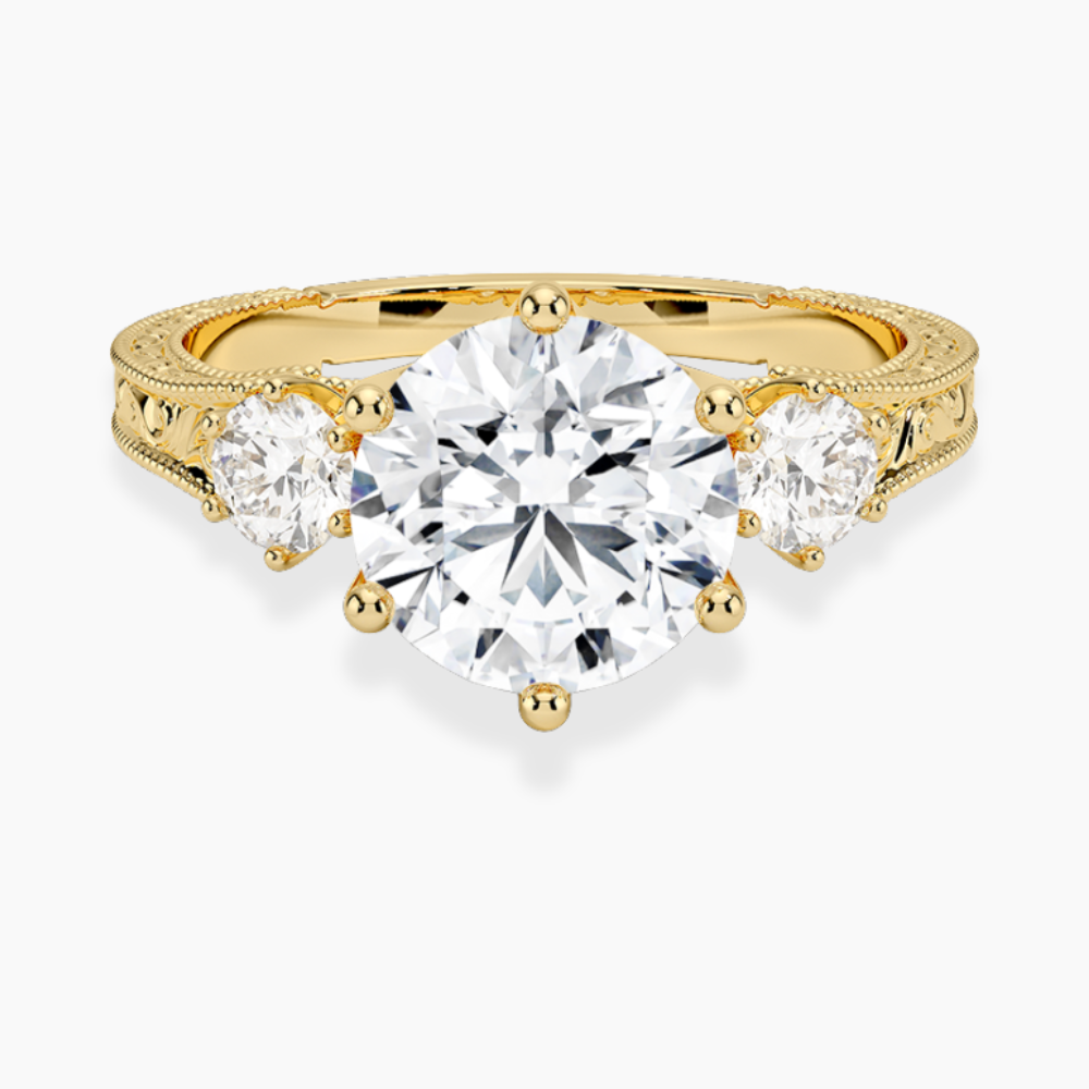 Trilogy (Round Side Stones) Vintage Lab Diamond Engagement Ring in 18K Gold - Round