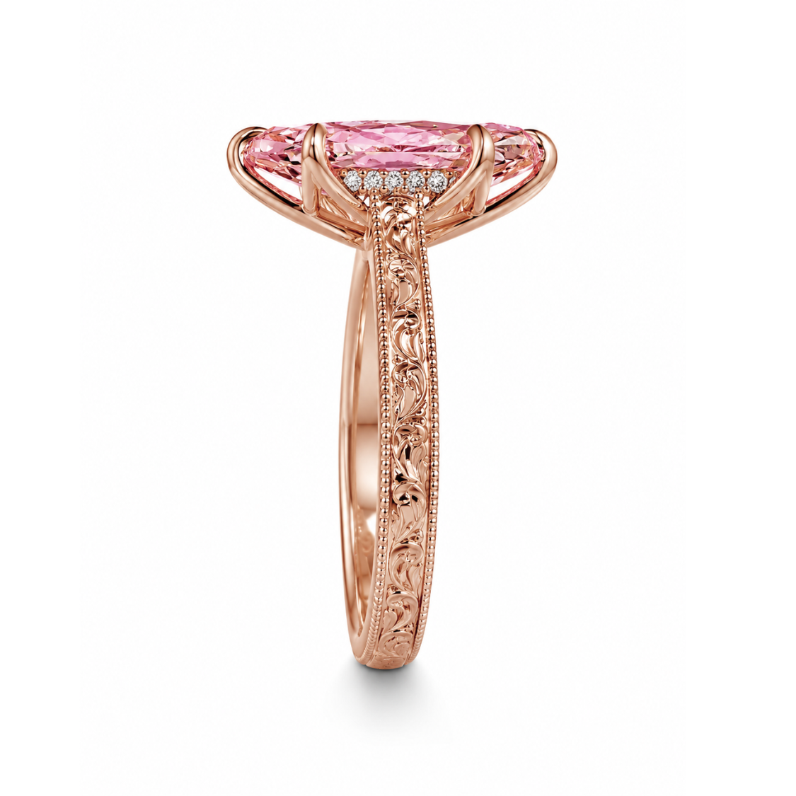 Seraphina Accents Fancy Pink Marquise Lab Diamond Ring on a Vintage Engraved Band in 18K Gold