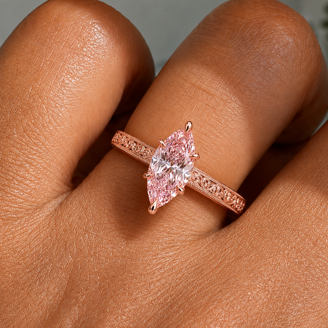 Seraphina Accents Fancy Pink Marquise Lab Diamond Ring on a Vintage Engraved Band in 18K Gold