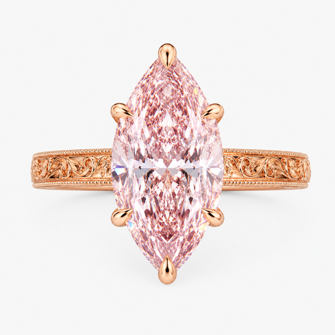 Seraphina Accents Fancy Pink Marquise Lab Diamond Ring on a Vintage Engraved Band in 18K Gold