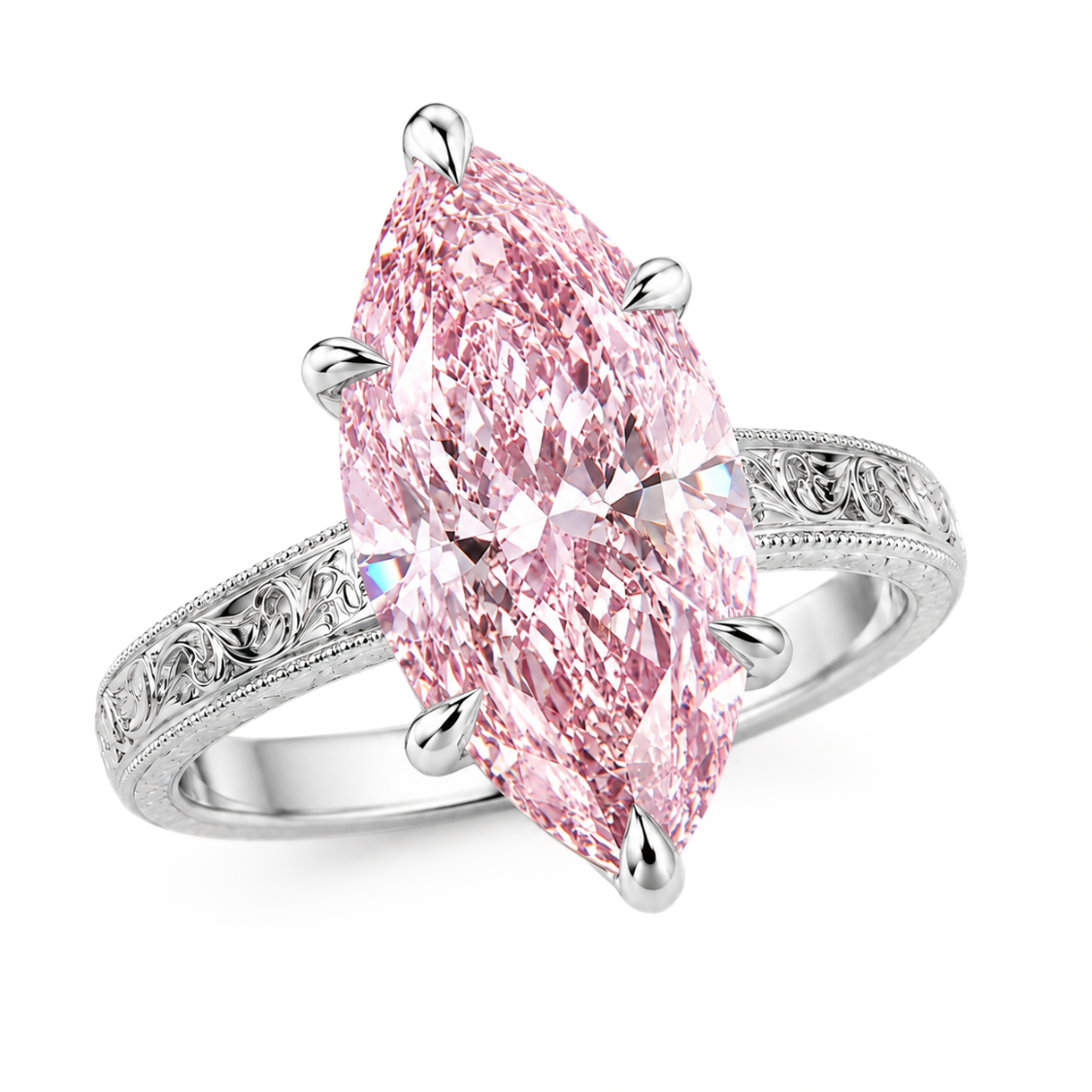 Seraphina Accents Fancy Pink Marquise Lab Diamond Ring on a Vintage Engraved Band in 18K Gold