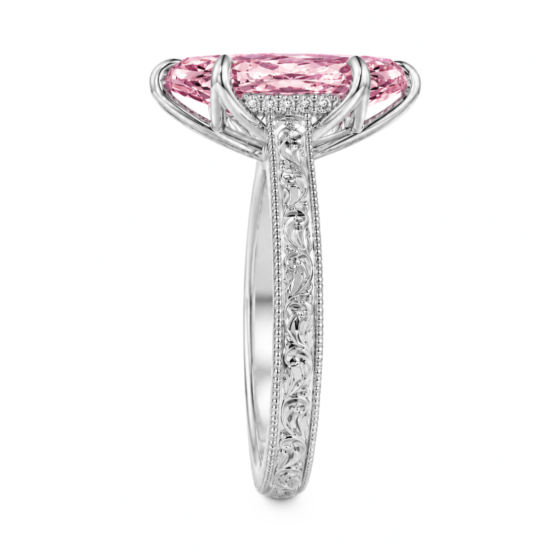 Seraphina Accents Fancy Pink Marquise Lab Diamond Ring on a Vintage Engraved Band in 18K Gold