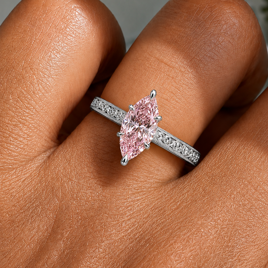 Seraphina Accents Fancy Pink Marquise Lab Diamond Ring on a Vintage Engraved Band in 18K Gold