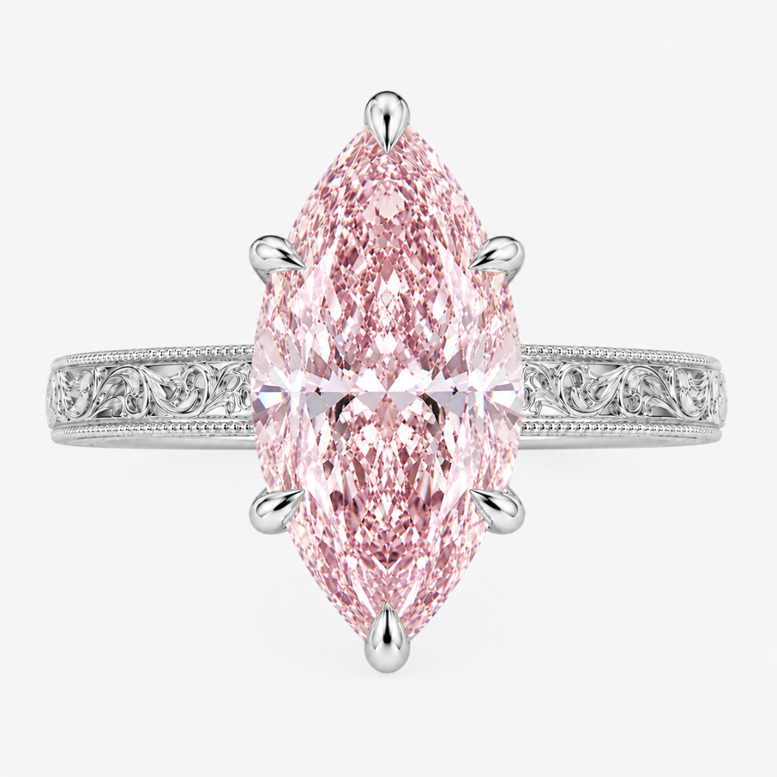 Seraphina Accents Fancy Pink Marquise Lab Diamond Ring on a Vintage Engraved Band in 18K Gold