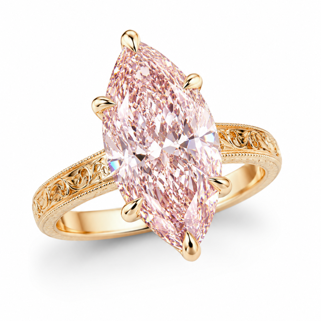 Seraphina Accents Fancy Pink Marquise Lab Diamond Ring on a Vintage Engraved Band in 18K Gold