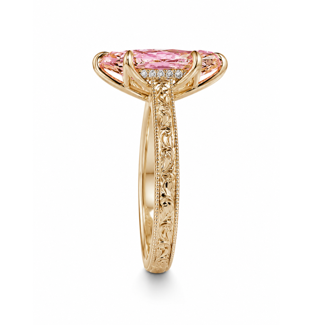 Seraphina Accents Fancy Pink Marquise Lab Diamond Ring on a Vintage Engraved Band in 18K Gold