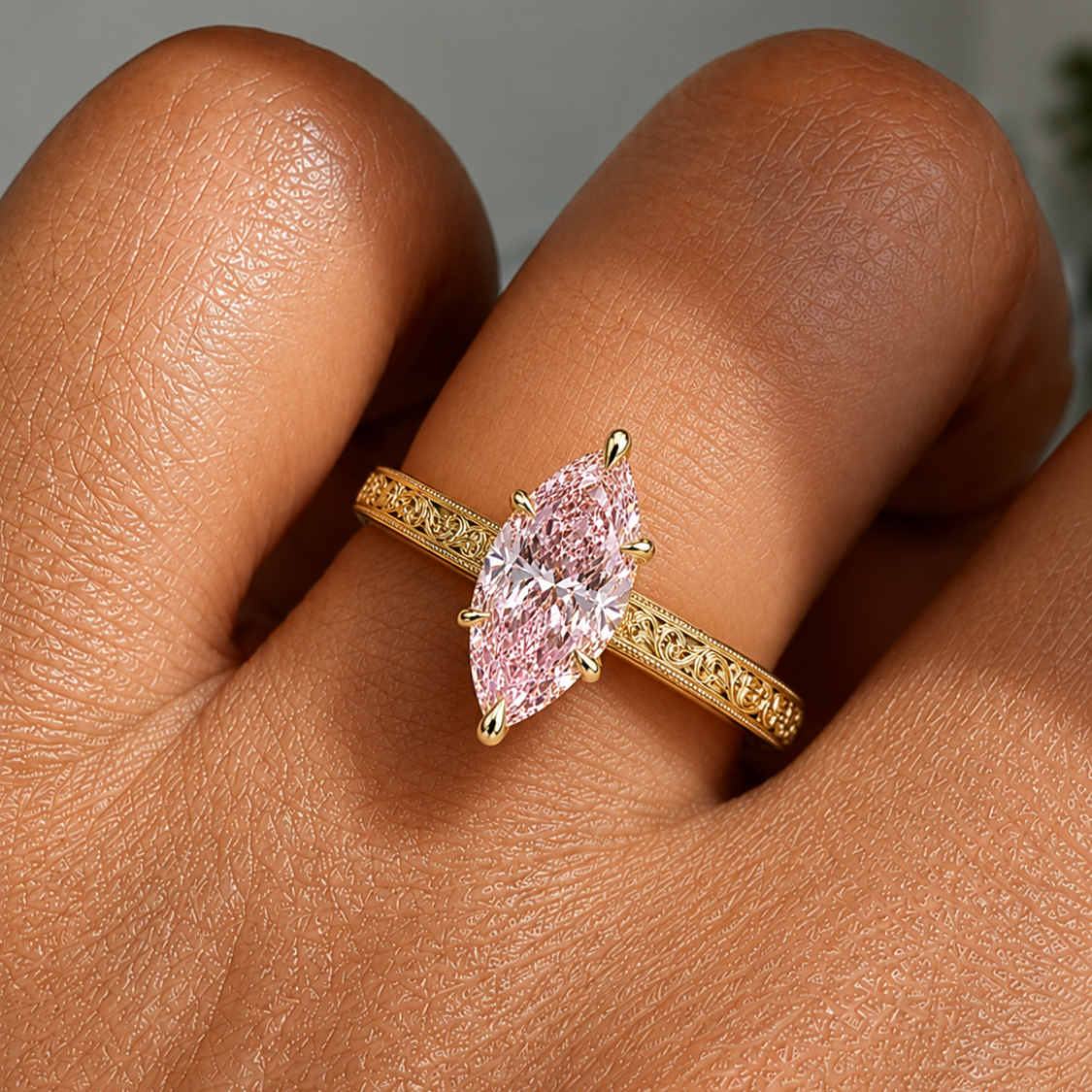 Seraphina Accents Fancy Pink Marquise Lab Diamond Ring on a Vintage Engraved Band in 18K Gold