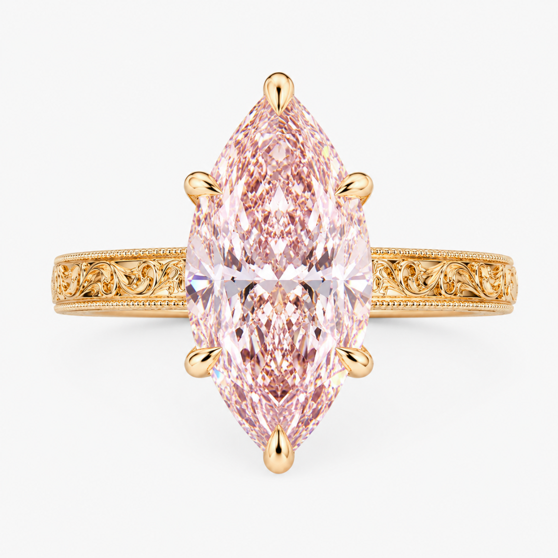 Seraphina Accents Fancy Pink Marquise Lab Diamond Ring on a Vintage Engraved Band in 18K Gold