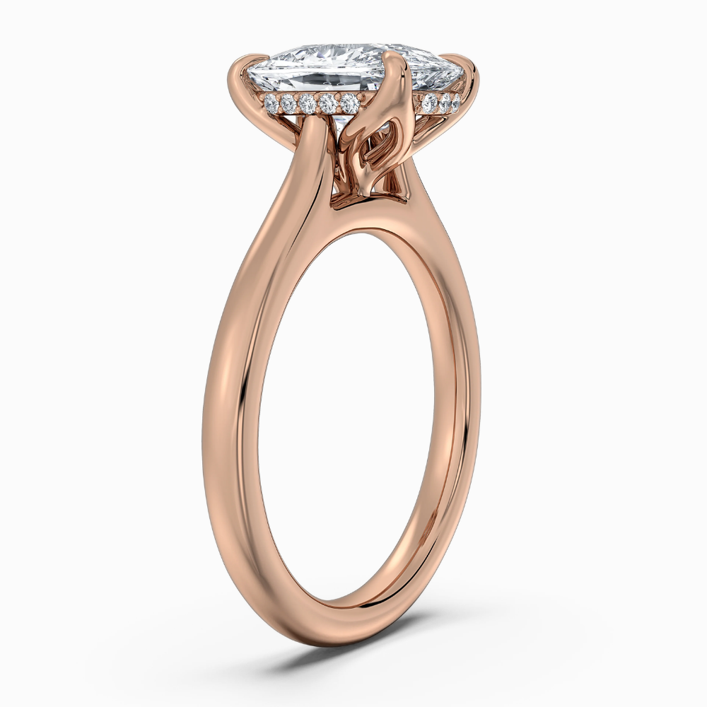 Solitaire Tulip Petals Hidden Halo Cathedral Bridge Lab Grown Diamond Engagement Ring in 18K Gold – Cushion