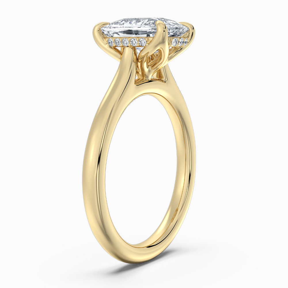 Solitaire Tulip Petals Hidden Halo Cathedral Bridge Lab Grown Diamond Engagement Ring in 18K Gold – Cushion