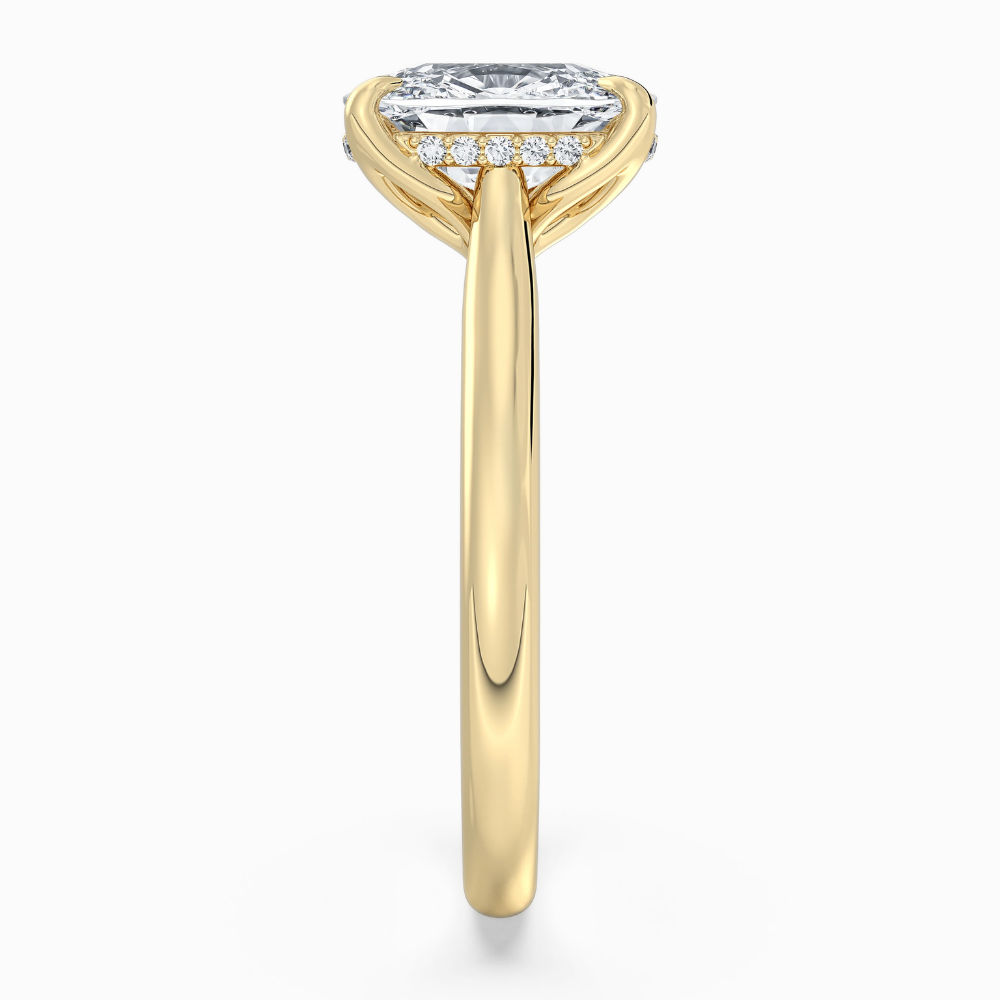 Solitaire Tulip Petals Hidden Halo Cathedral Bridge Lab Grown Diamond Engagement Ring in 18K Gold – Cushion