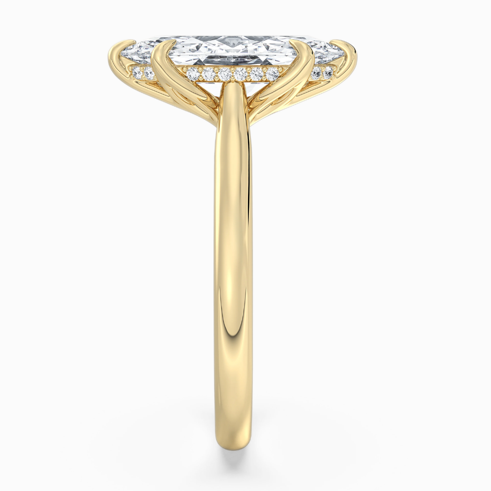 Solitaire Tulip Petals Hidden Halo Cathedral Bridge Lab Grown Diamond Engagement Ring in 18K Gold – Marquise