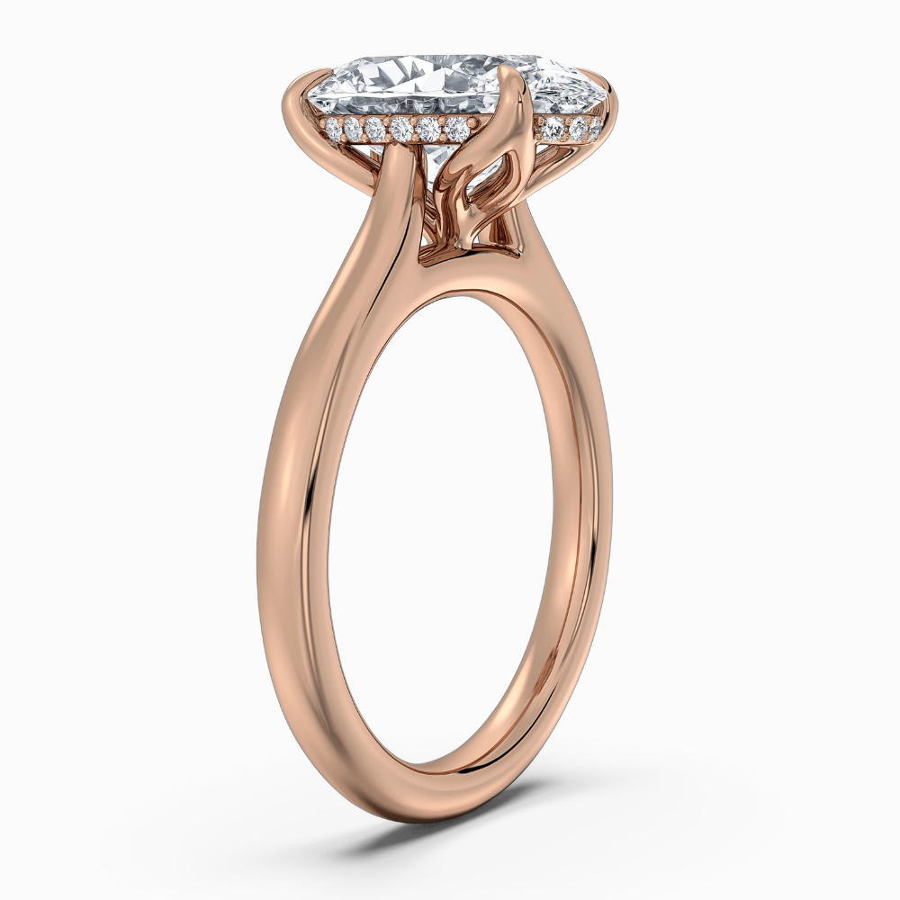 Solitaire Tulip Petals Hidden Halo Cathedral Bridge Lab Grown Diamond Engagement Ring in 18K Gold – Oval