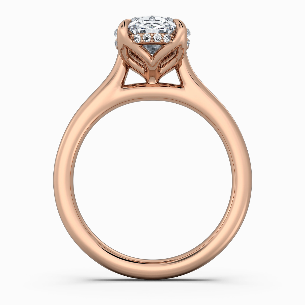 Solitaire Tulip Petals Hidden Halo Cathedral Bridge Lab Grown Diamond Engagement Ring in 18K Gold – Oval