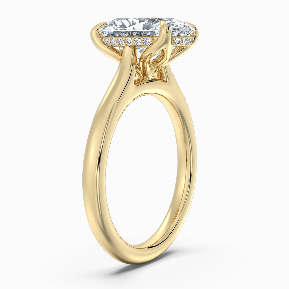 Solitaire Tulip Petals Hidden Halo Cathedral Bridge Lab Grown Diamond Engagement Ring in 18K Gold – Oval