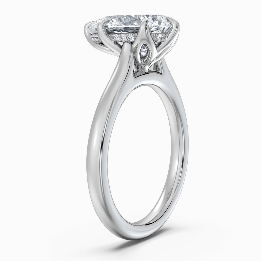 Solitaire Tulip Petals Hidden Halo Cathedral Bridge Lab Grown Diamond Engagement Ring in 18K Gold – Pear