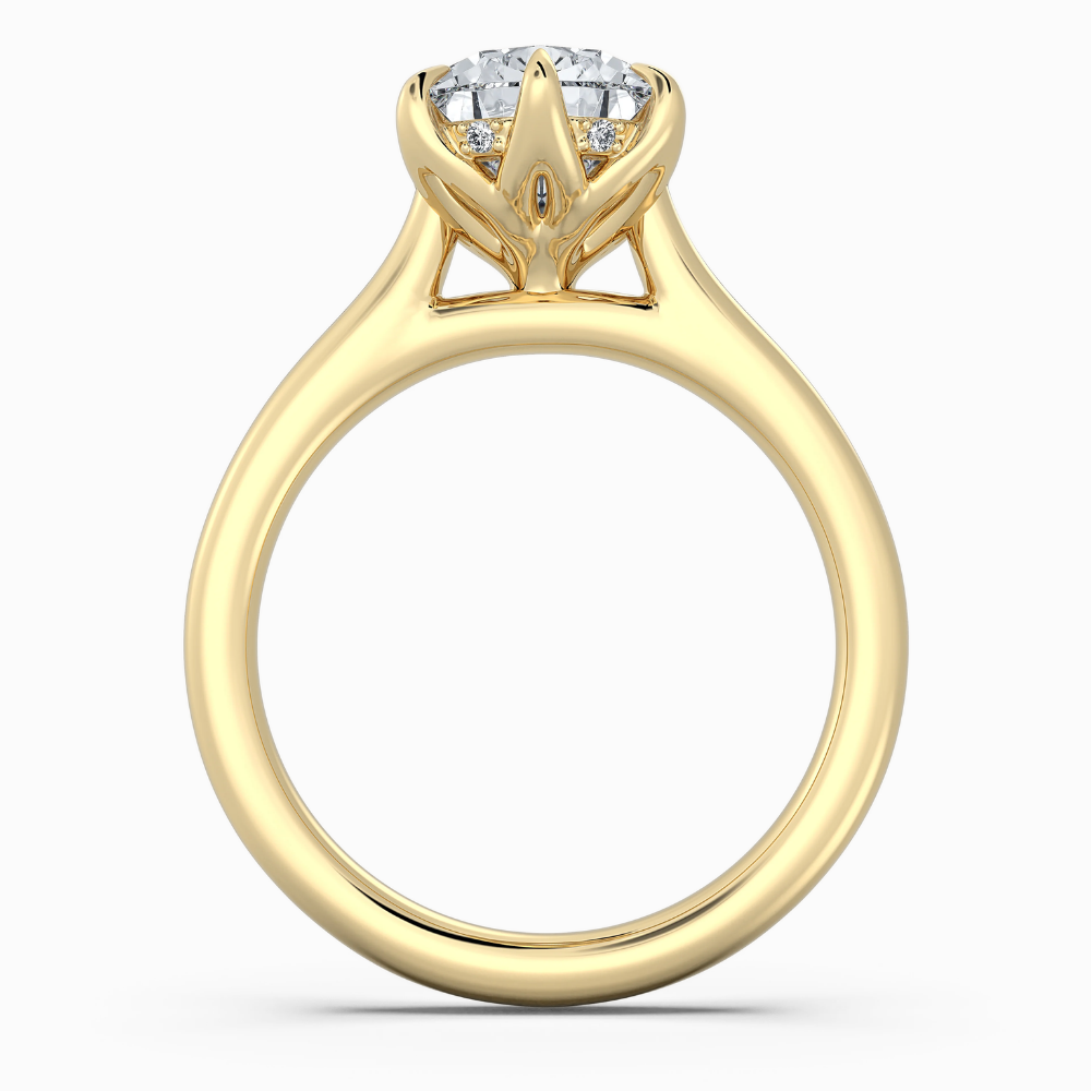Solitaire Tulip Petals Hidden Halo Cathedral Bridge Lab Grown Diamond Engagement Ring in 18K Gold – Pear