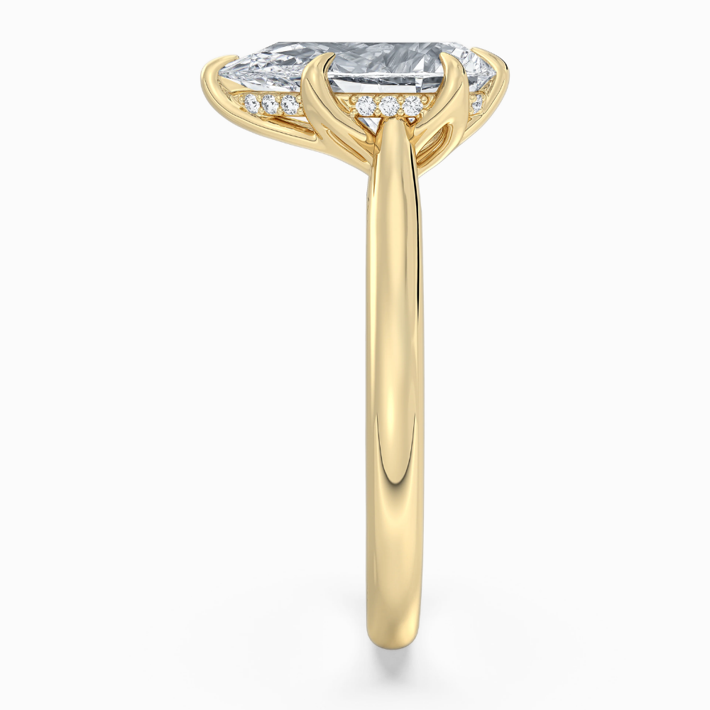 Solitaire Tulip Petals Hidden Halo Cathedral Bridge Lab Grown Diamond Engagement Ring in 18K Gold – Pear