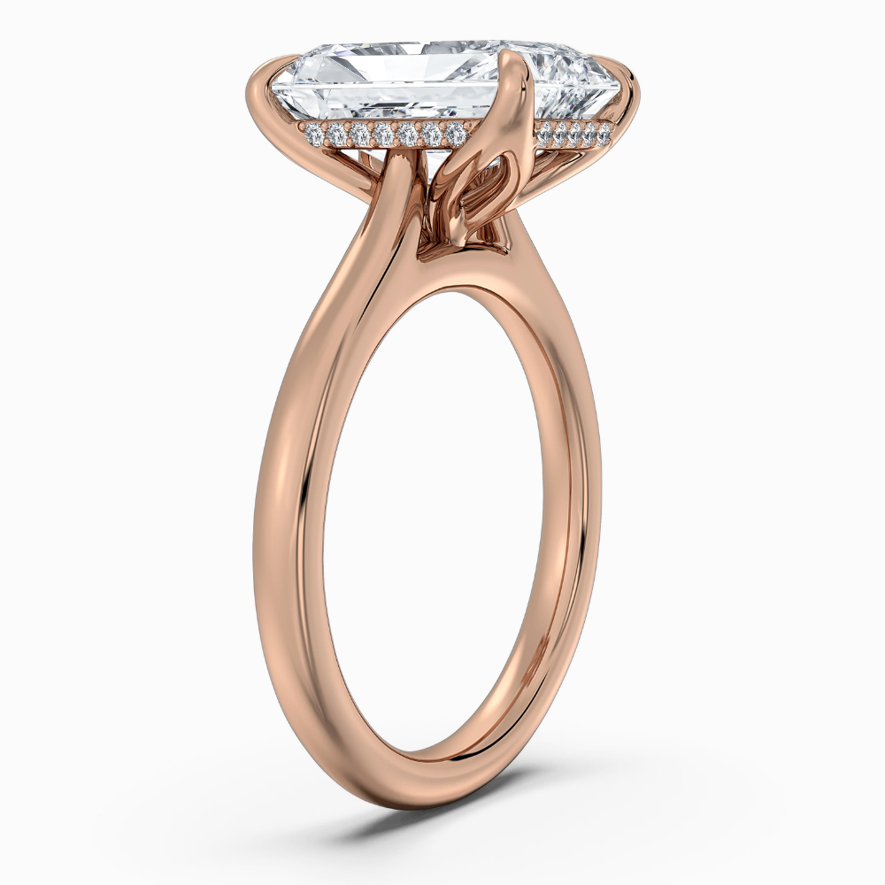 Solitaire Tulip Petals Hidden Halo Cathedral Bridge Lab Grown Diamond Engagement Ring in 18K Gold – Radiant
