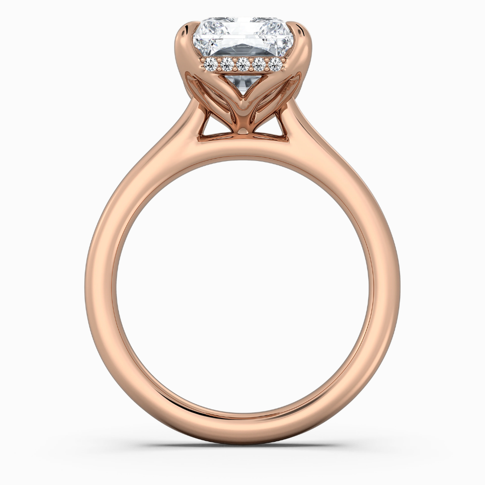 Solitaire Tulip Petals Hidden Halo Cathedral Bridge Lab Grown Diamond Engagement Ring in 18K Gold – Radiant