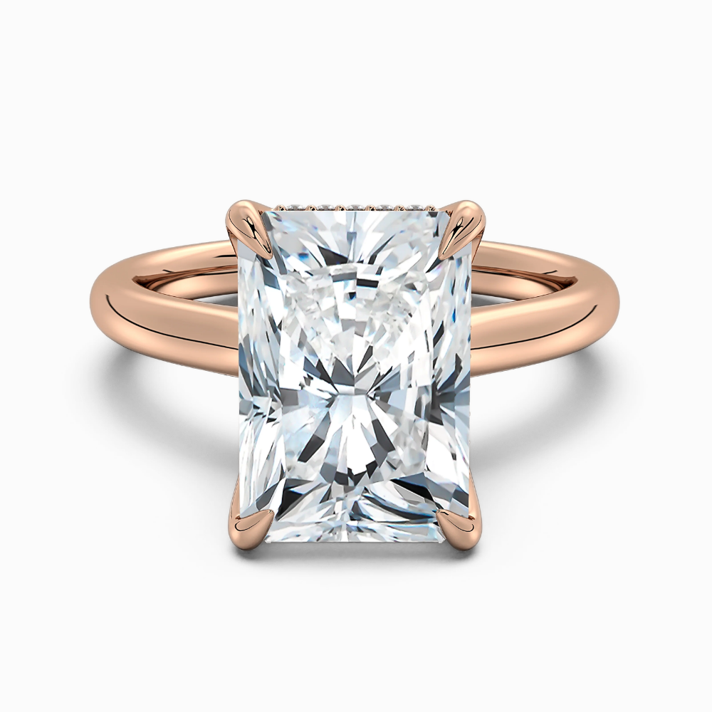 Solitaire Tulip Petals Hidden Halo Cathedral Bridge Lab Grown Diamond Engagement Ring in 18K Gold – Radiant
