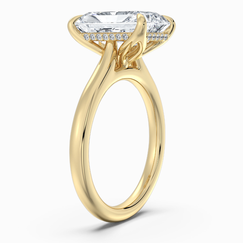 Solitaire Tulip Petals Hidden Halo Cathedral Bridge Lab Grown Diamond Engagement Ring in 18K Gold – Radiant