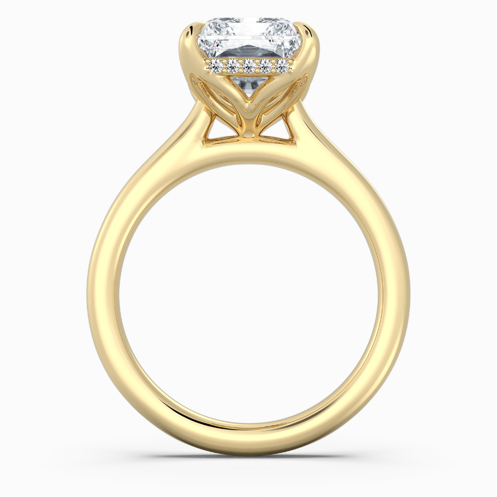 Solitaire Tulip Petals Hidden Halo Cathedral Bridge Lab Grown Diamond Engagement Ring in 18K Gold – Radiant