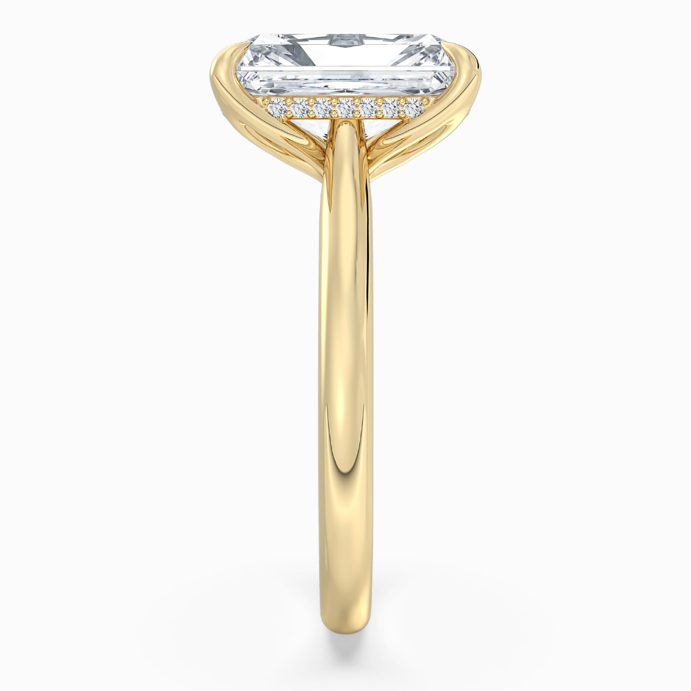 Solitaire Tulip Petals Hidden Halo Cathedral Bridge Lab Grown Diamond Engagement Ring in 18K Gold – Radiant
