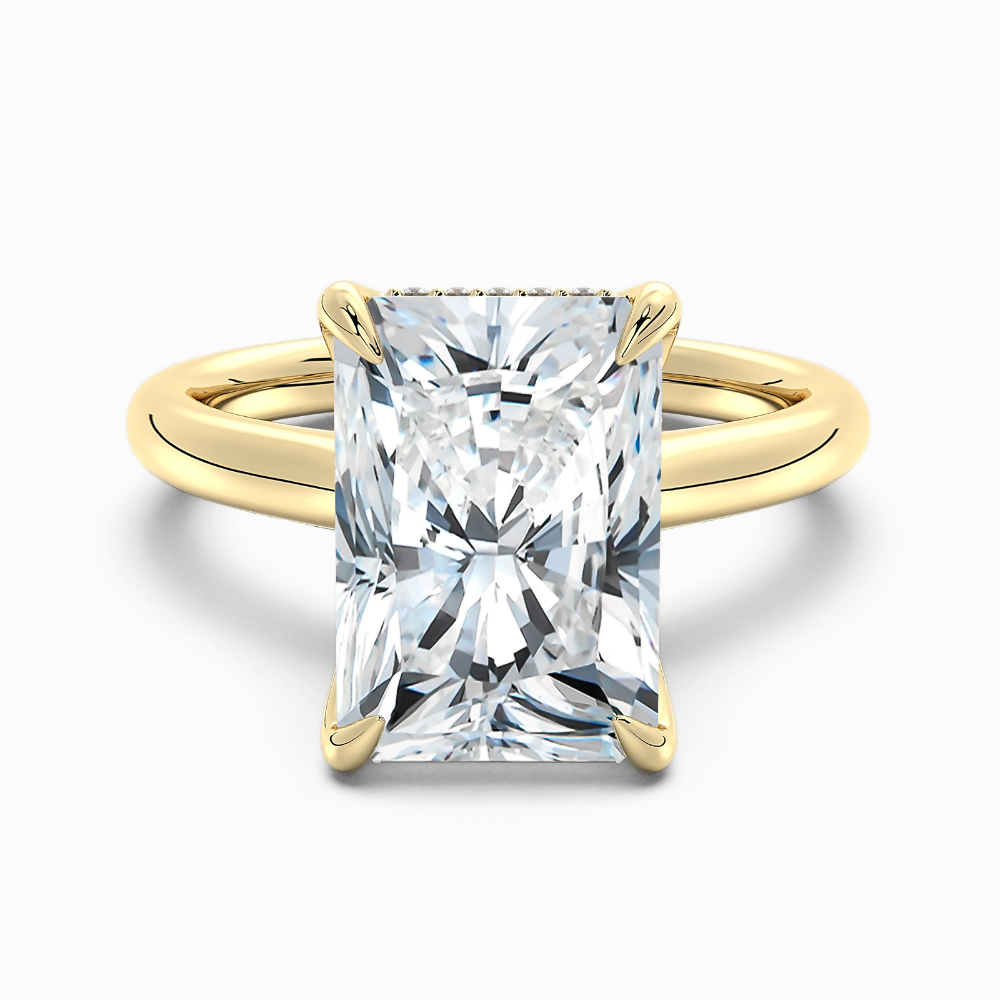 Solitaire Tulip Petals Hidden Halo Cathedral Bridge Lab Grown Diamond Engagement Ring in 18K Gold – Radiant