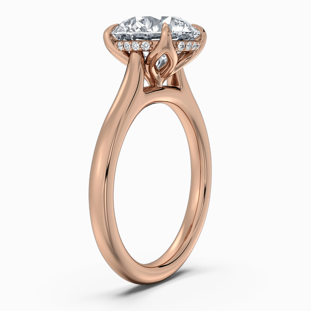 Solitaire Tulip Petals Hidden Halo Cathedral Bridge Lab Grown Diamond Engagement Ring in 18K Gold – Round