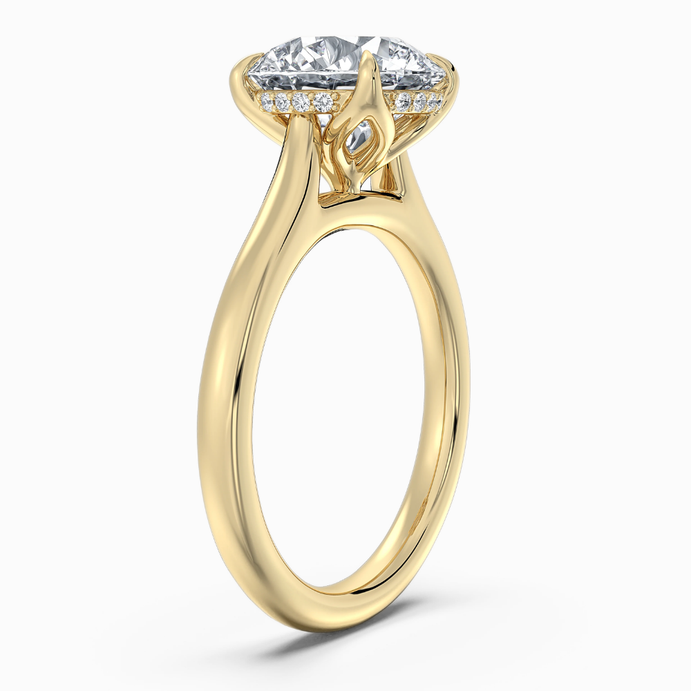 Solitaire Tulip Petals Hidden Halo Cathedral Bridge Lab Grown Diamond Engagement Ring in 18K Gold – Round