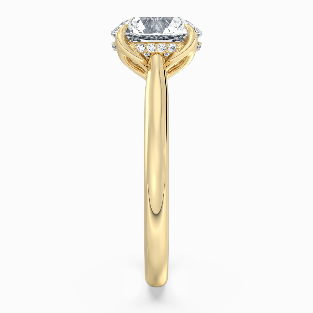Solitaire Tulip Petals Hidden Halo Cathedral Bridge Lab Grown Diamond Engagement Ring in 18K Gold – Round