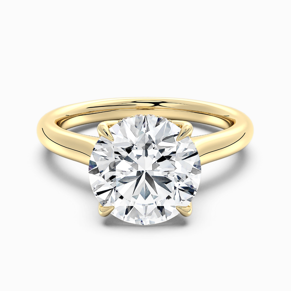 Solitaire Tulip Petals Hidden Halo Cathedral Bridge Lab Grown Diamond Engagement Ring in 18K Gold – Round